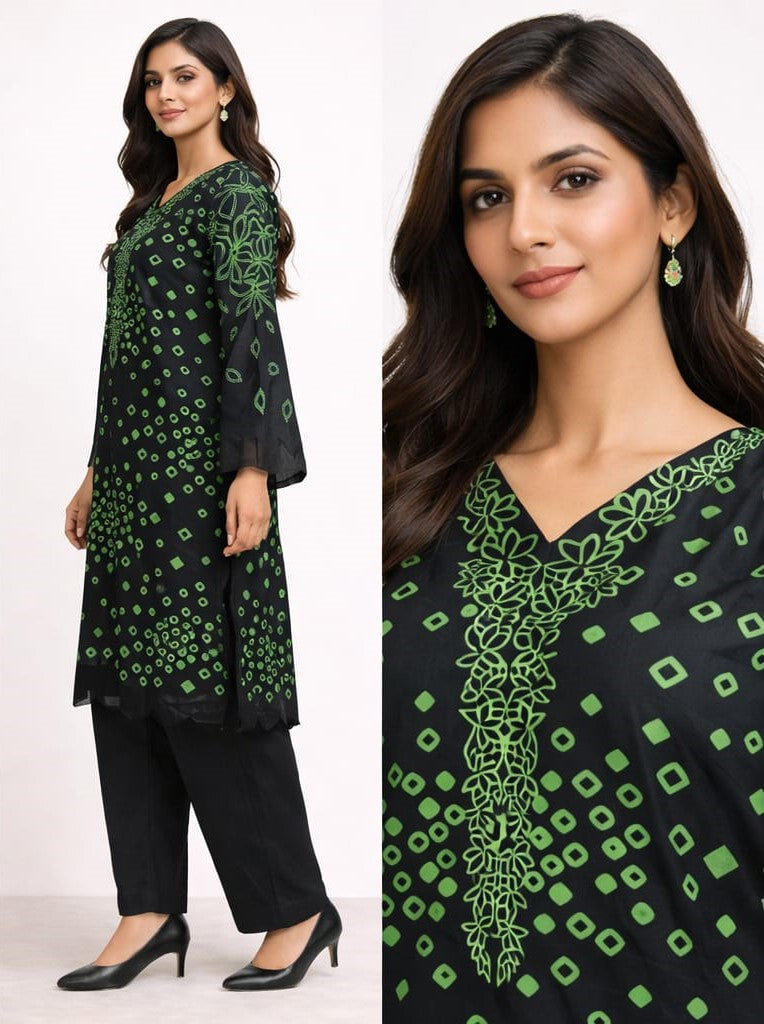 Lawn Printed Black & Green Shirt