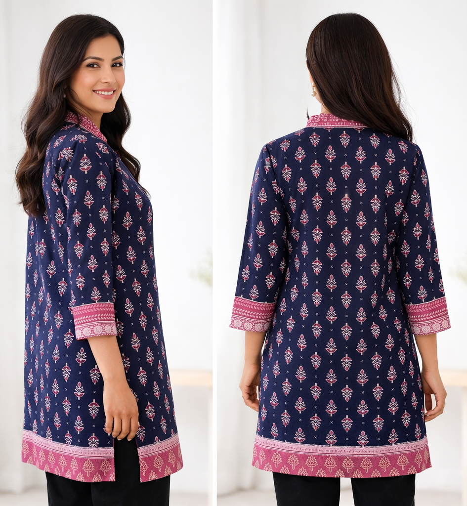 Printed Cotton Kurti – Navy Blue & Pink Ethnic Tunic