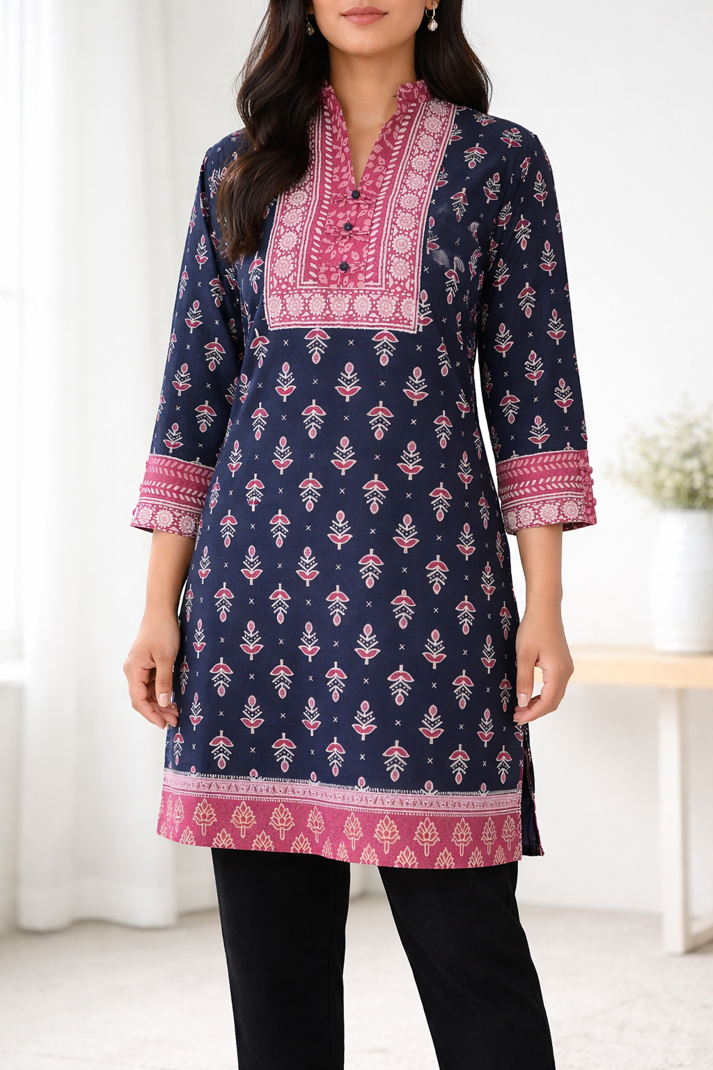Printed Cotton Kurti – Navy Blue & Pink Ethnic Tunic