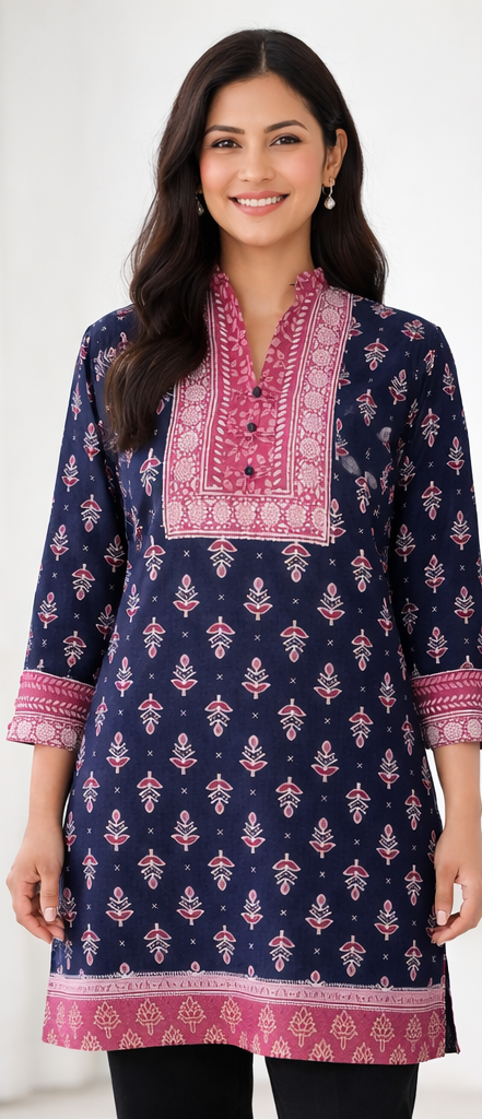 Printed Cotton Kurti – Navy Blue & Pink Ethnic Tunic