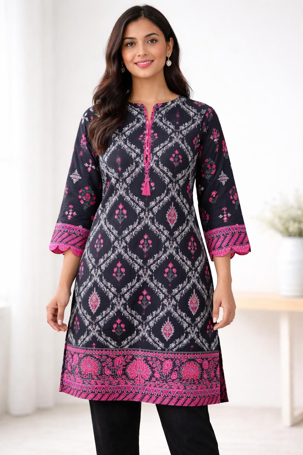 Printed Cotton Kurti – Black & Pink Ethnic Pattern Tunic