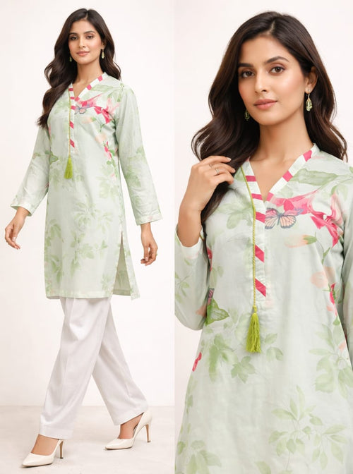 2-Piece Butterfly Print Shirt & Cambric Trouser